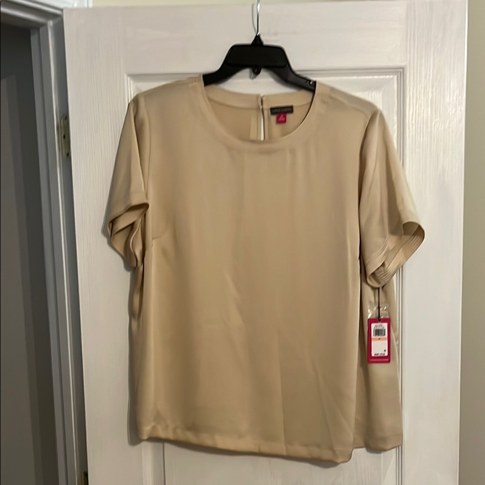Vince Camuto Tan Hammered Satin Blouse Short Sleeve Relaxed Fit 2X NWT